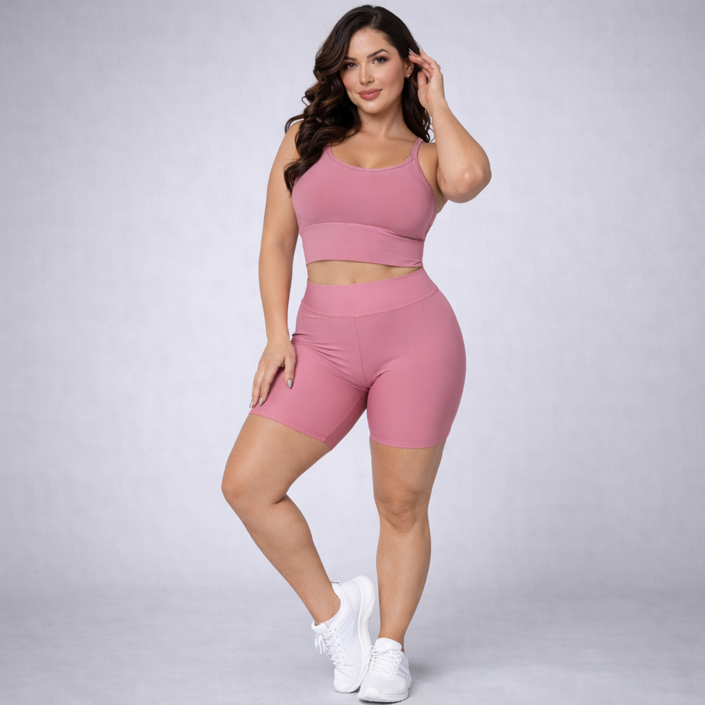 Conjunto Fitness Feminino Rosa Top + Short Suplex Zero Transparência